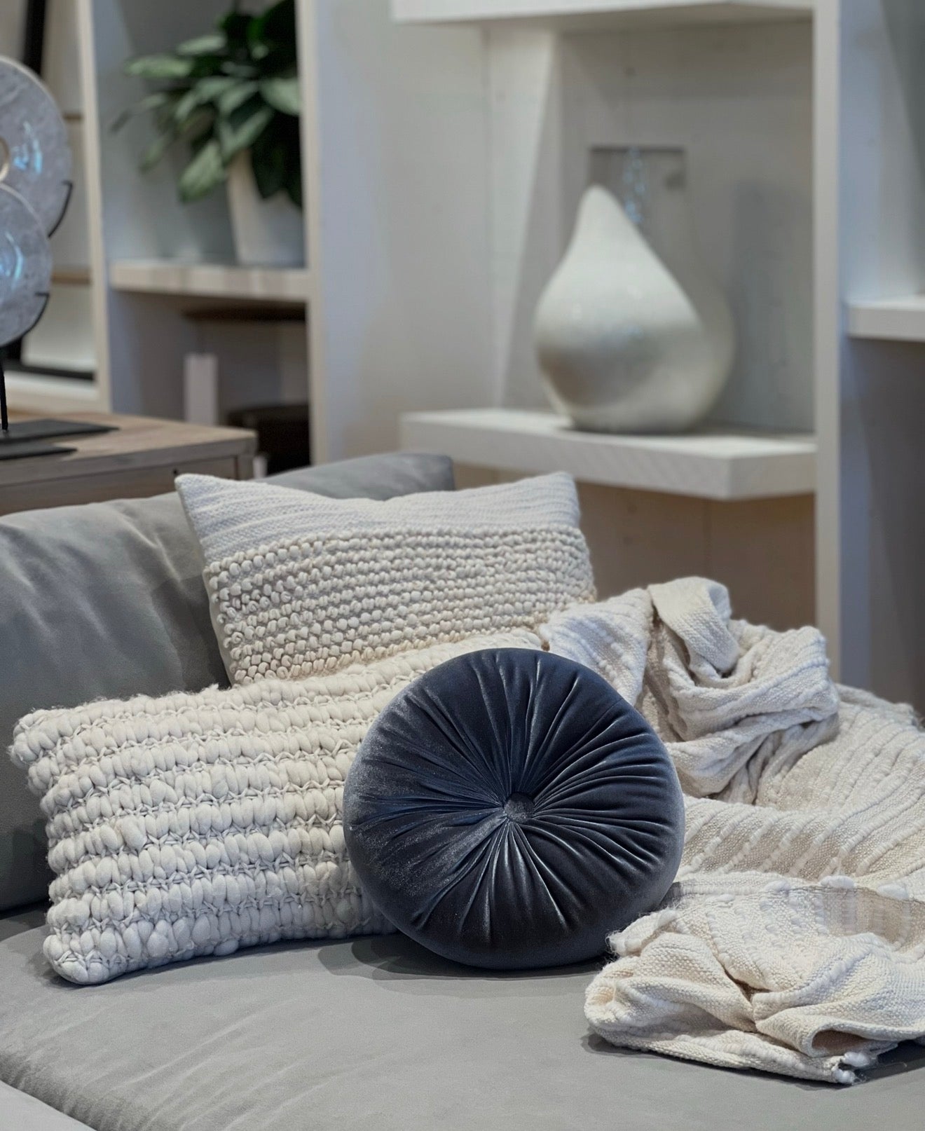 Grey Round Velvet Pillow - Luxurious Softness & Stylish Comfort