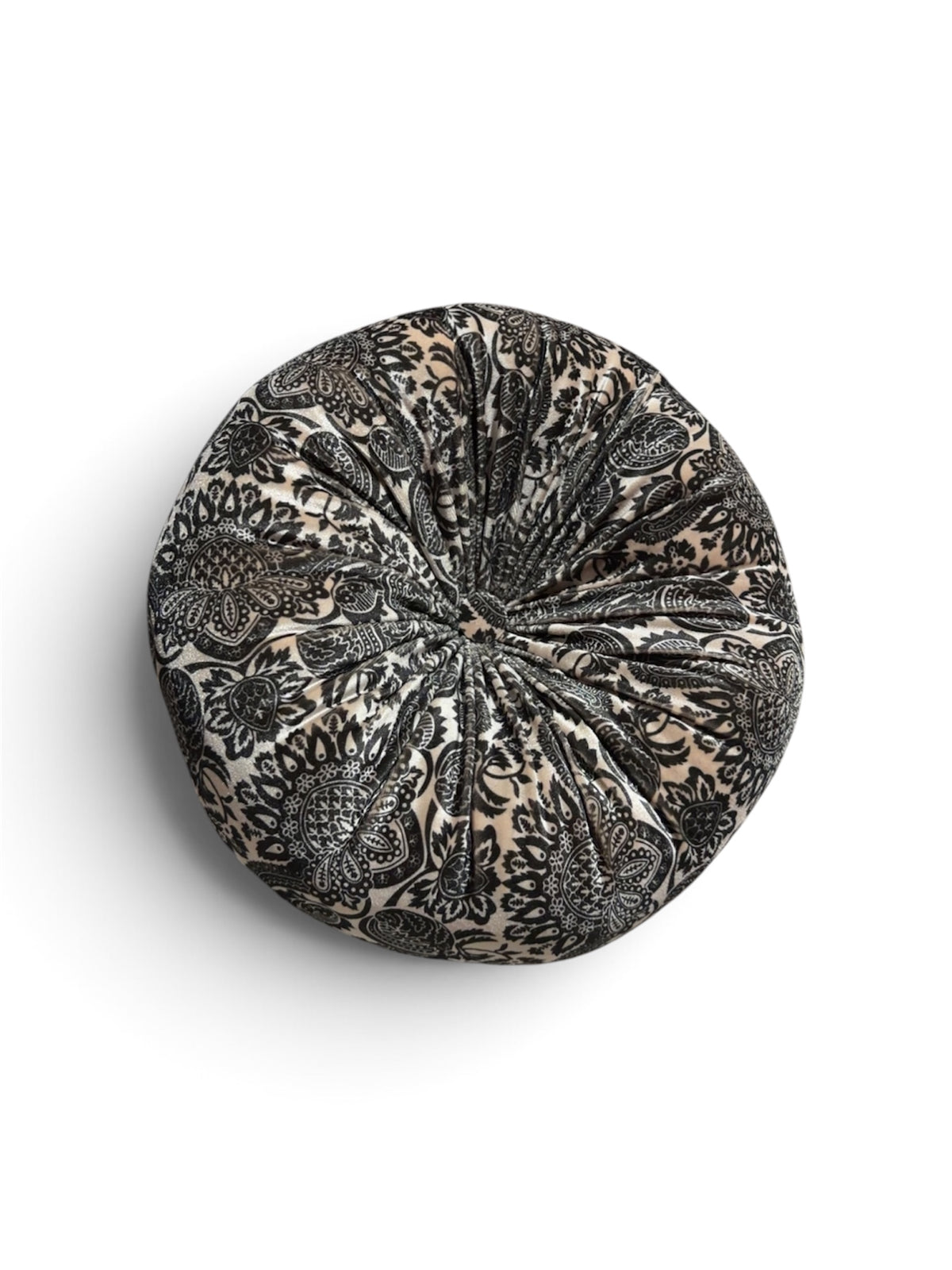 Black & Tan Paisley Round Tufted Velvet Pillow – 12”