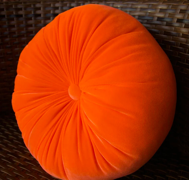 Neon Orange Velvet Pillow - Round Rustic Design