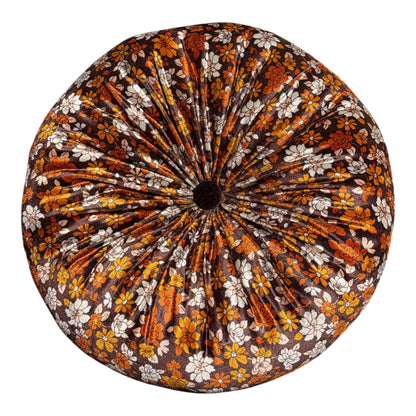 Round Velvet Throw Pillow | Retro Floral Boho Decor | 12” Tufted Accent Pillow | Handmade Boston | Autumn Rust Mustard Brown
