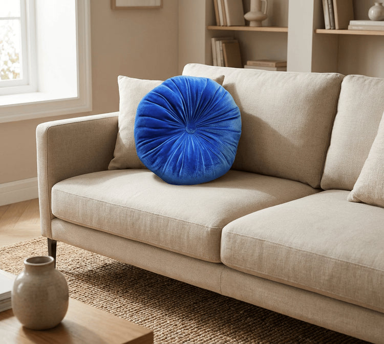 Sandy Blue Velvet Pillow - Round Soft Decorative Circle Cushion Boho Accent