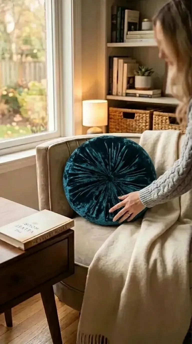 Deep Teal Crushed Velvet Round Throw Pillow