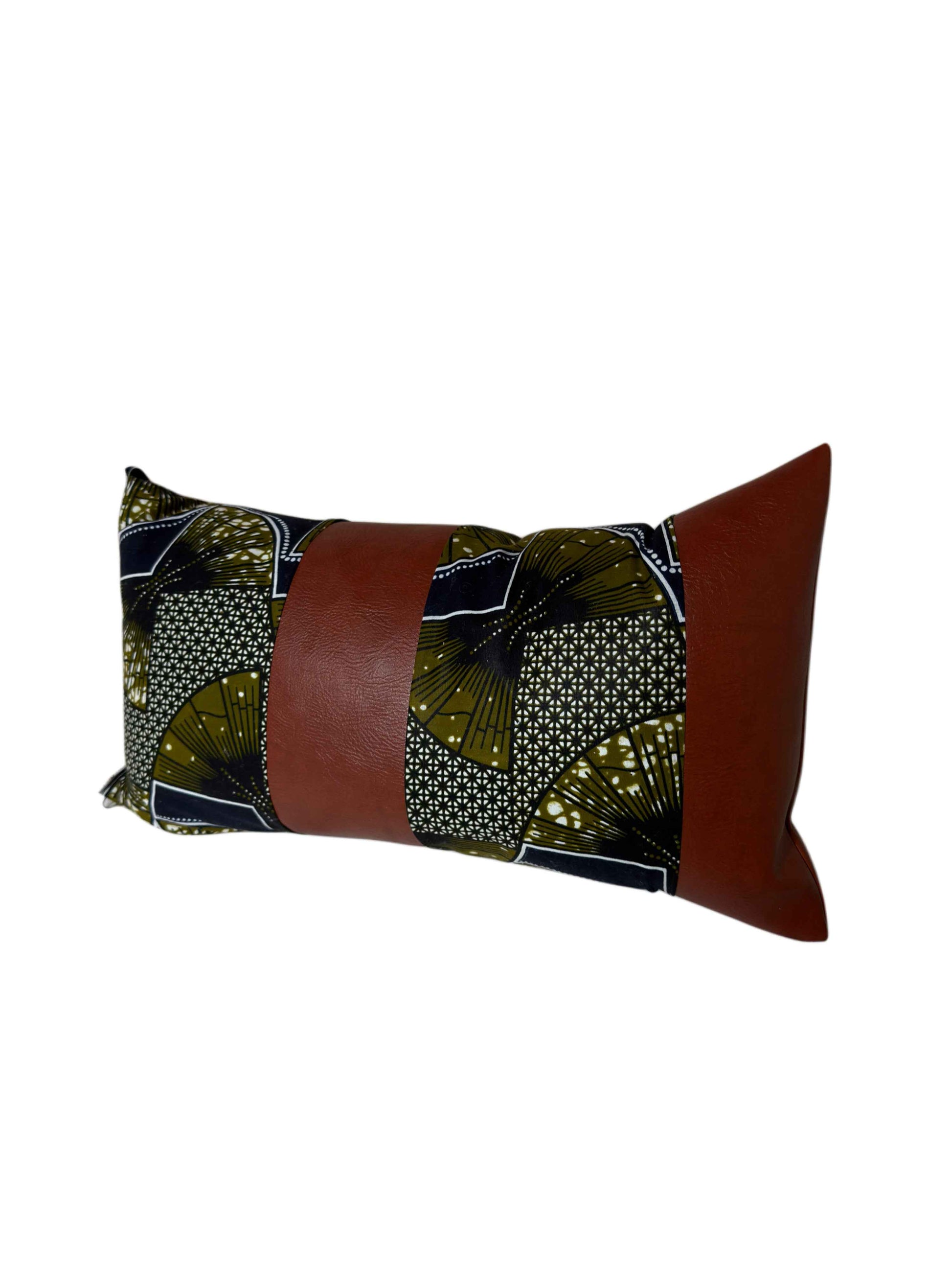 The Fan — Cognac Lumbar | Handmade African Wax Print & Cognac Vegan Leather Throw Pillow