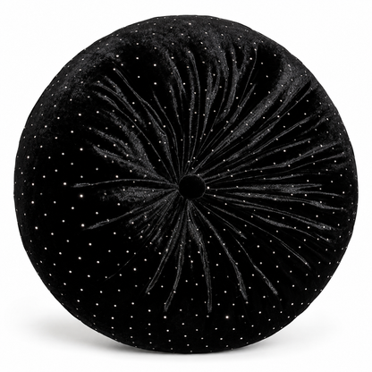 Noir Black Velvet Round Pillow with Crystals | 12" Tufted Throw Pillow