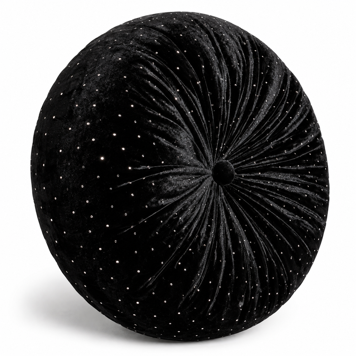 Noir Black Velvet Round Pillow with Crystals | 12" Tufted Throw Pillow