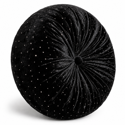 Noir Black Velvet Round Pillow with Crystals | 12" Tufted Throw Pillow