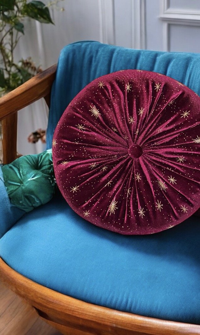 Burgundy Velvet Pillow - Elegant Starburst Cushion for Victorian Celestial Decor