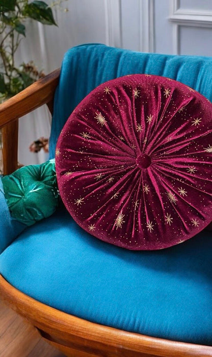 Burgundy Velvet Pillow - Elegant Starburst Cushion for Victorian Celestial Decor