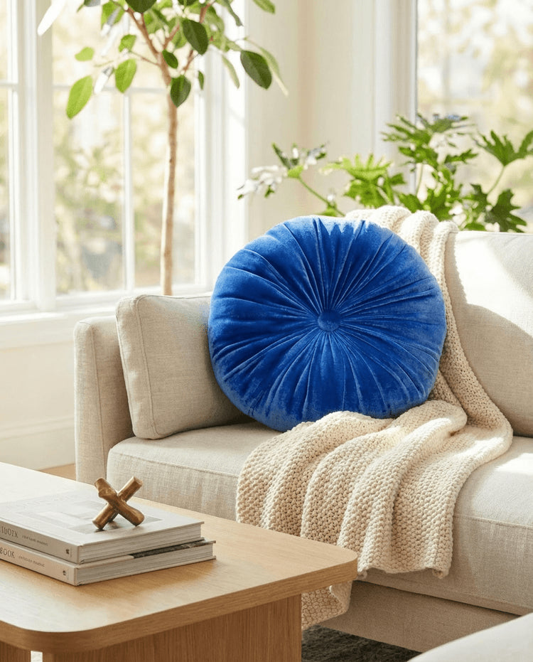 Sandy Blue Velvet Pillow - Round Soft Decorative Circle Cushion Boho Accent