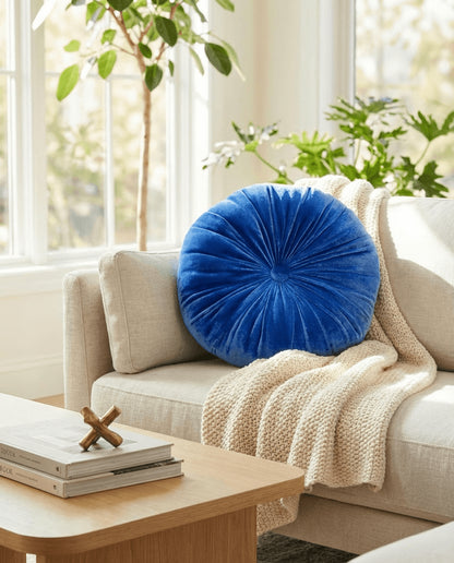 Sandy Blue Velvet Pillow - Round Soft Decorative Circle Cushion Boho Accent