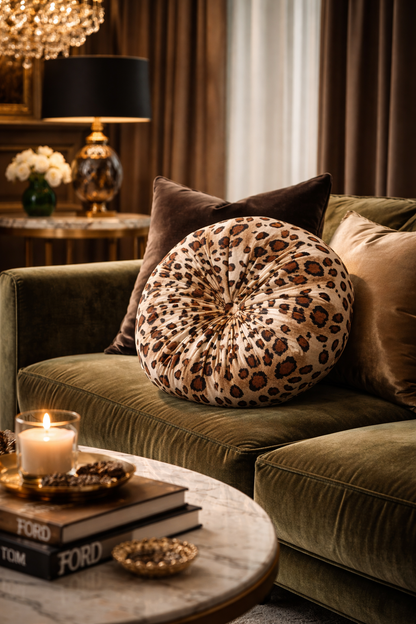 Handmade Leopard Print Velvet Pillow | 12" Round Accent Cushion