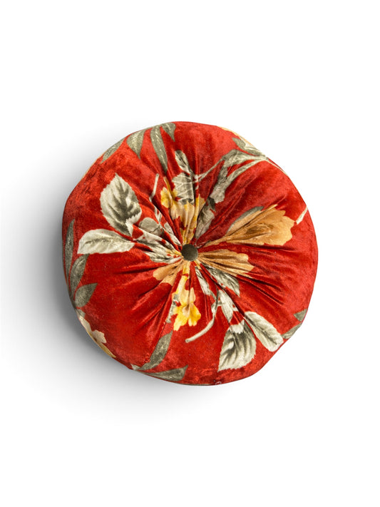 Autumn Bloom" Round Velvet Throw Pillow — Retro Floral Print, 12" Button-Tufted