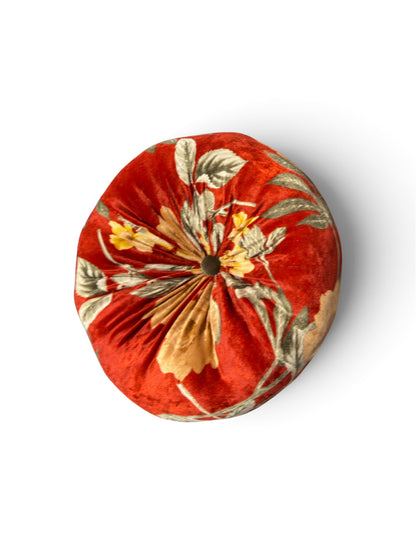 Autumn Bloom" Round Velvet Throw Pillow — Retro Floral Print, 12" Button-Tufted