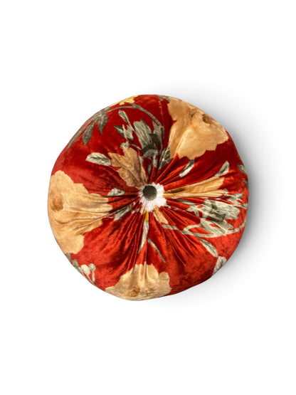 Autumn Bloom" Round Velvet Throw Pillow — Retro Floral Print, 12" Button-Tufted