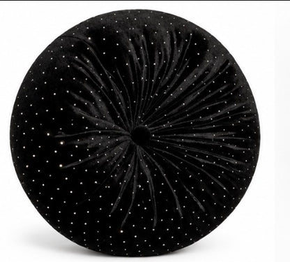 Noir Black Velvet Round Pillow with Crystals | 12" Tufted Throw Pillow
