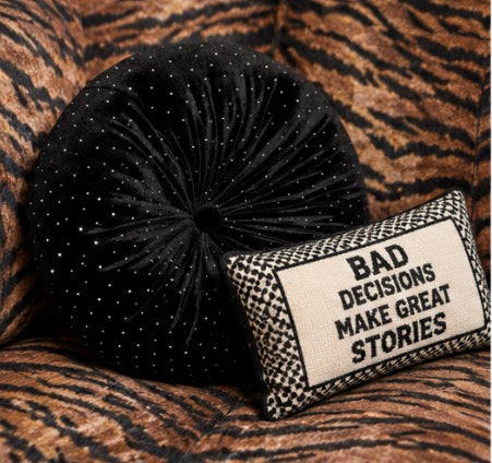 Noir Black Velvet Round Pillow with Crystals | 12" Tufted Throw Pillow