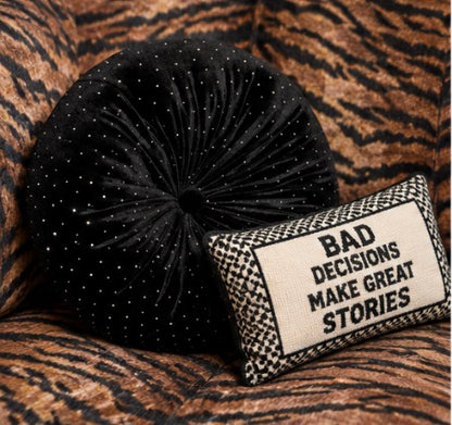 Noir Black Velvet Round Pillow with Crystals | 12" Tufted Throw Pillow