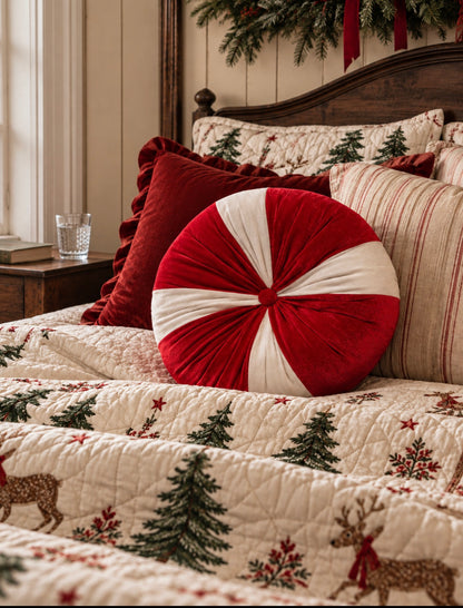 Peppermint Twist Red & White Velvet Round Pillow | 12" Holiday Throw Pillow