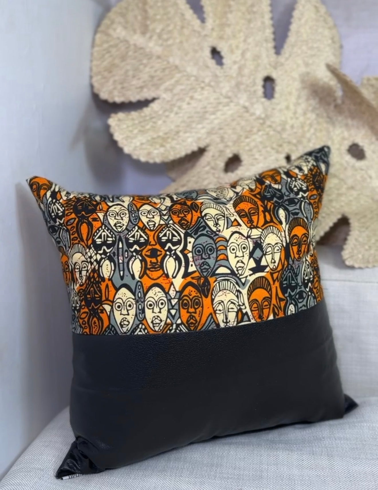 Faces | Handmade African Tribal Print & Vegan Leather Throw Pillow