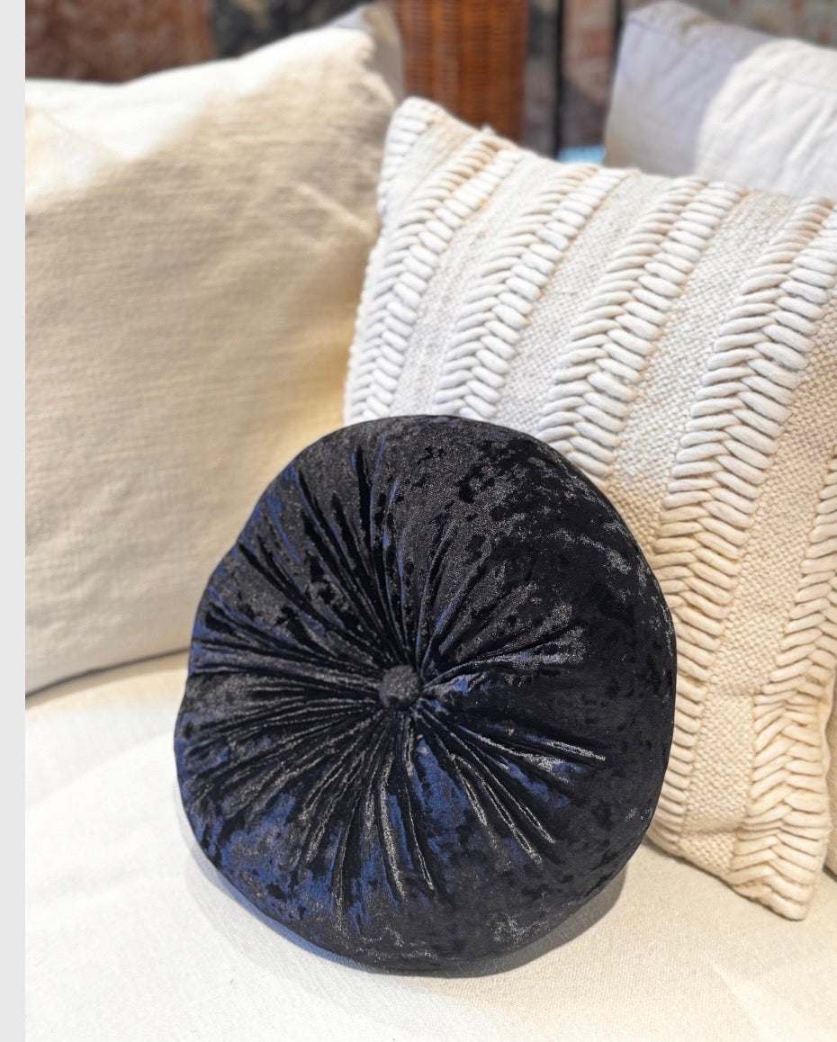 Round Crushed Black Velvet Pillow for Stylish Comfort and Home Decor
