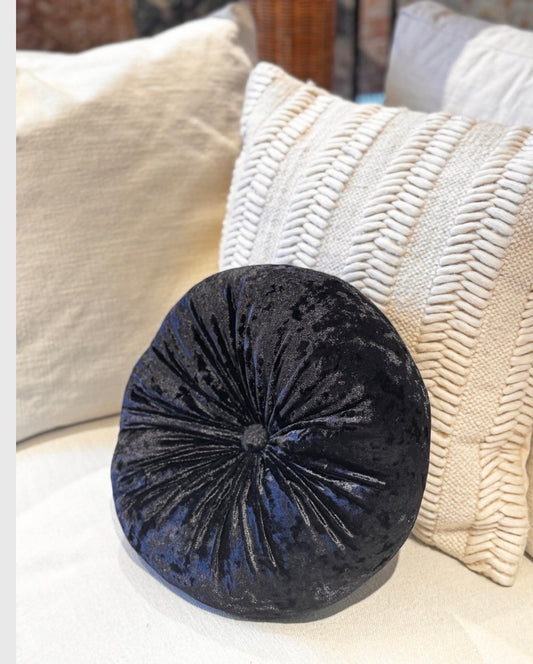 Round Crushed Black Velvet Pillow for Stylish Comfort and Home Decor