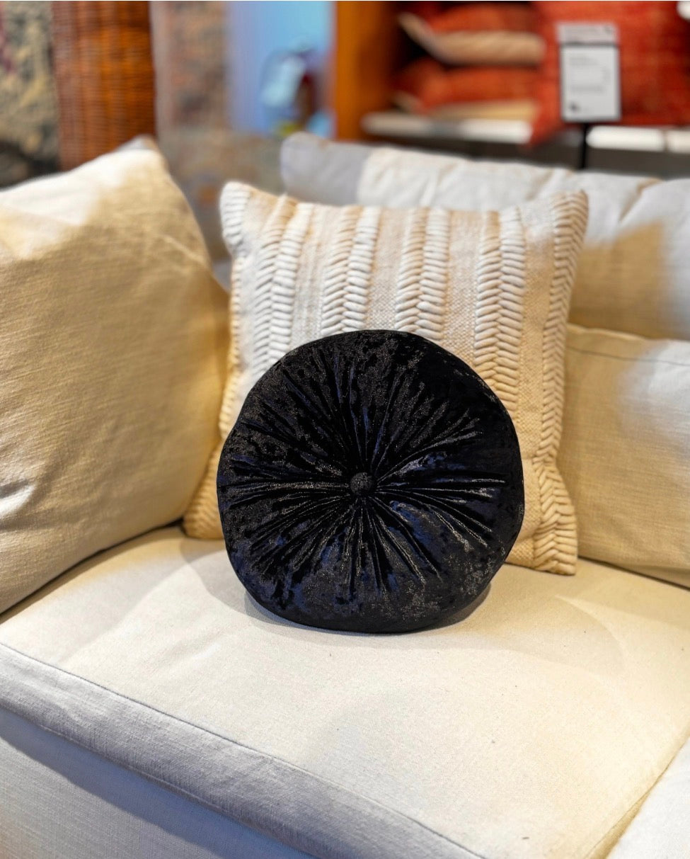 Round Crushed Black Velvet Pillow for Stylish Comfort and Home Decor
