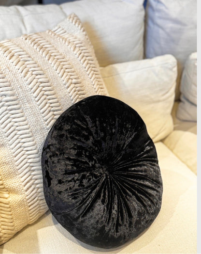 Round Crushed Black Velvet Pillow for Stylish Comfort and Home Decor