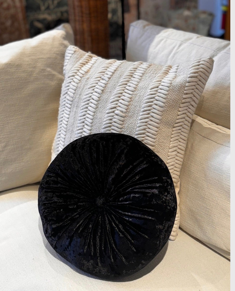 Round Crushed Black Velvet Pillow for Stylish Comfort and Home Decor