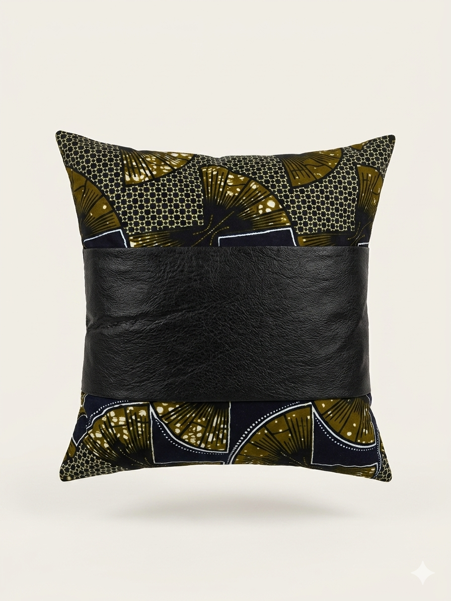 The Fan | Handmade African Wax Print & Vegan Leather Throw Pillow