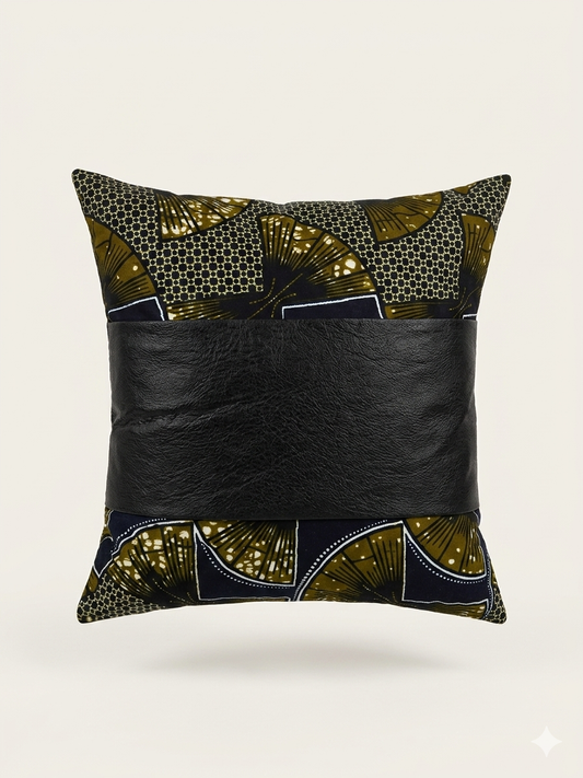The Fan | Handmade African Wax Print & Vegan Leather Throw Pillow