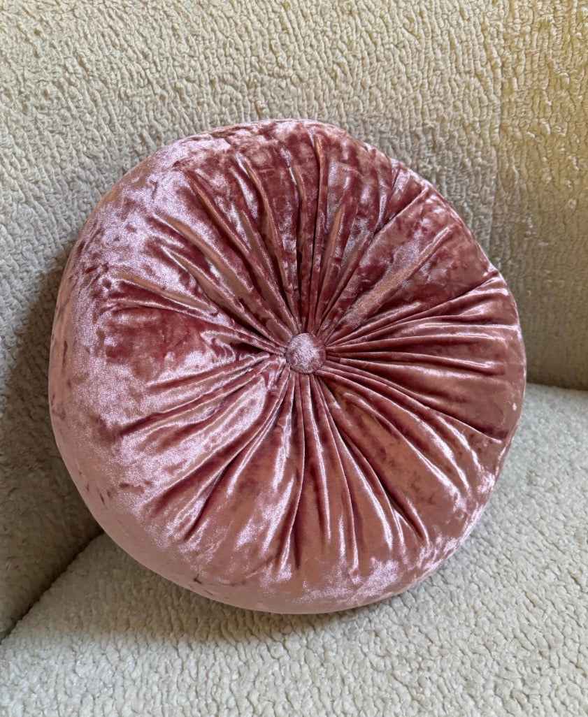 Champagne Crushed Pink Velvet Round Pillow – 12” Diameter