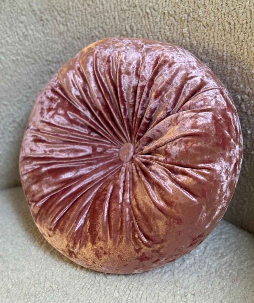 Champagne Crushed Pink Velvet Round Pillow – 12” Diameter