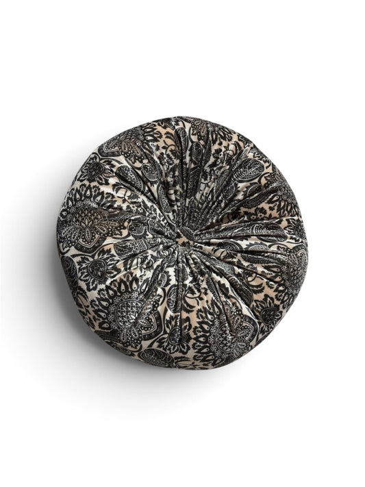 Black & Tan Paisley Round Tufted Velvet Pillow – 12”