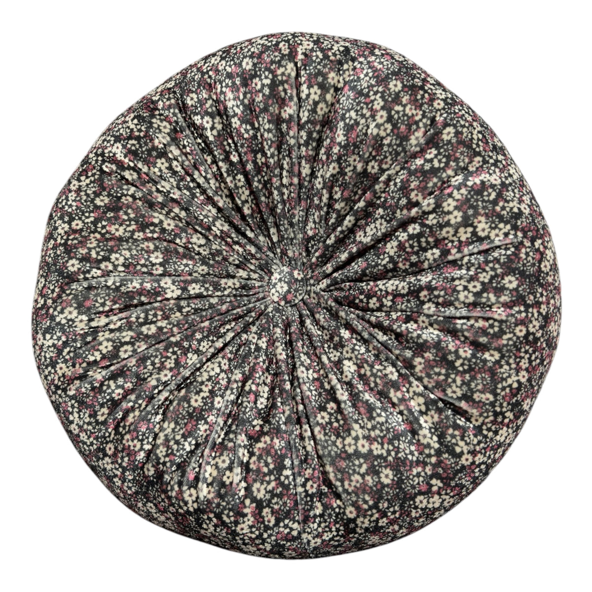 Midnight Meadow Black Floral Velvet Round Pillow | 12" Tufted Throw Pillow