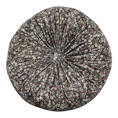 Midnight Meadow Black Floral Velvet Round Pillow | 12" Tufted Throw Pillow