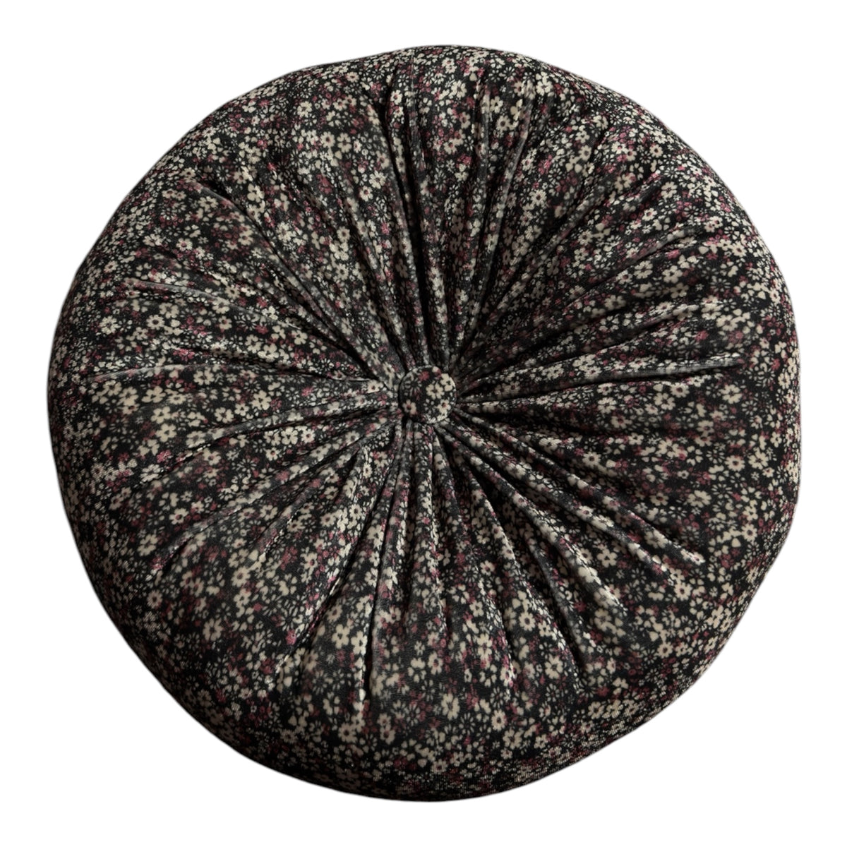 Midnight Meadow Black Floral Velvet Round Pillow | 12" Tufted Throw Pillow