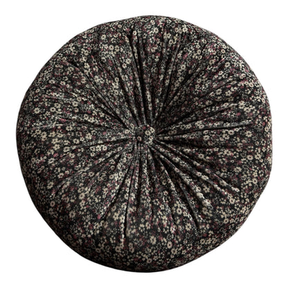 Midnight Meadow Black Floral Velvet Round Pillow | 12" Tufted Throw Pillow